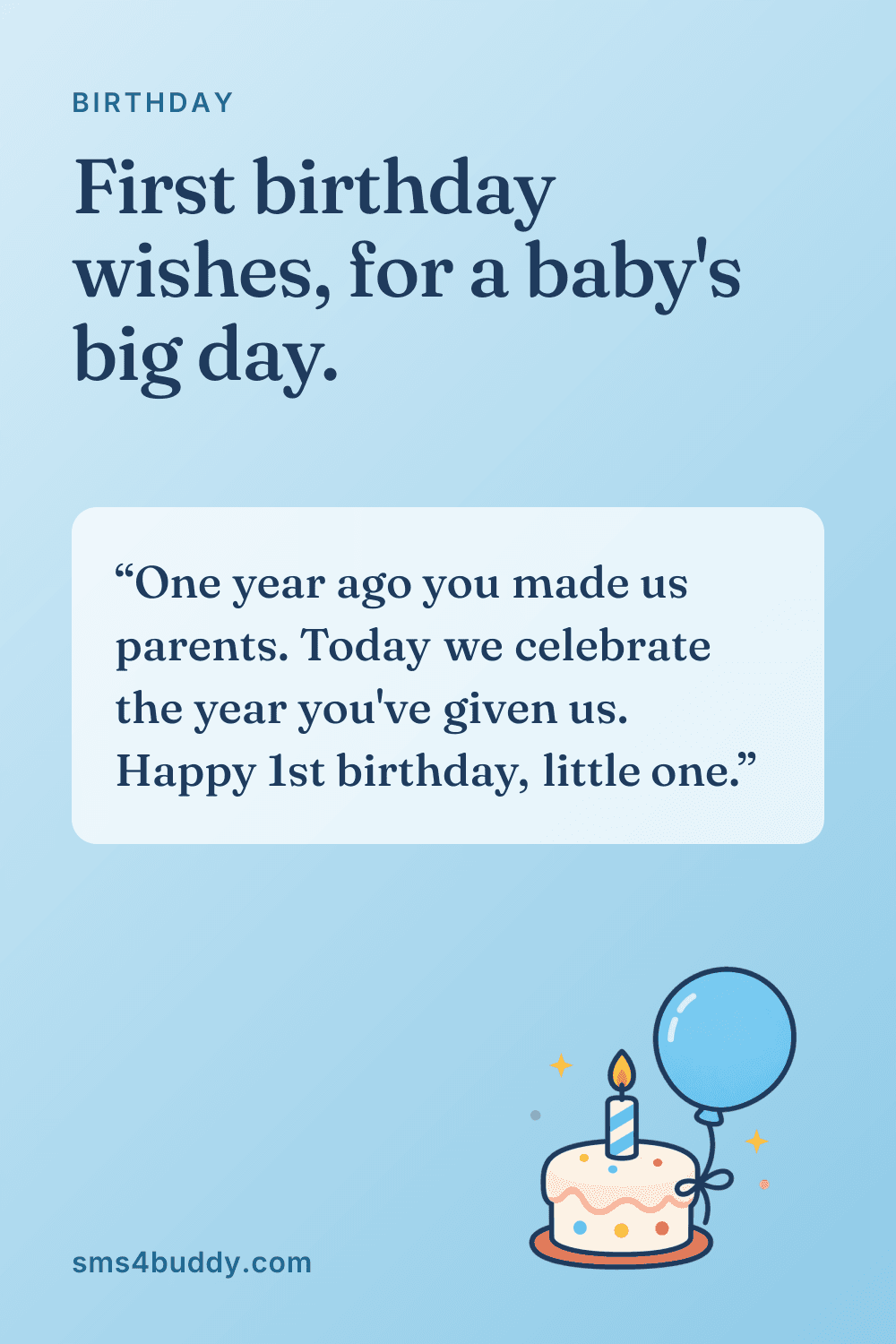 Card titled "First birthday wishes, for a baby's big day." with the message: One year ago you made us parents. Today we celebrate the year you've given us. Happy 1st birthday, little one.