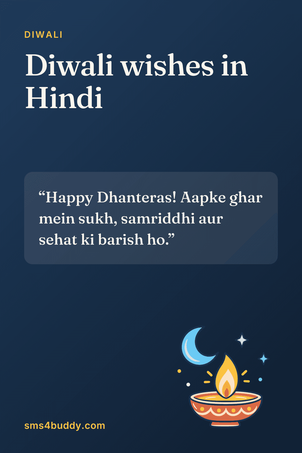 Card titled "Diwali wishes in Hindi" with the message: Happy Dhanteras! Aapke ghar mein sukh, samriddhi aur sehat ki barish ho.