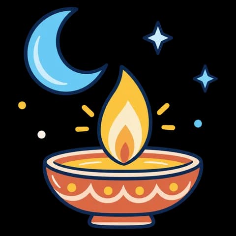 A lit clay diya under a crescent moon and stars